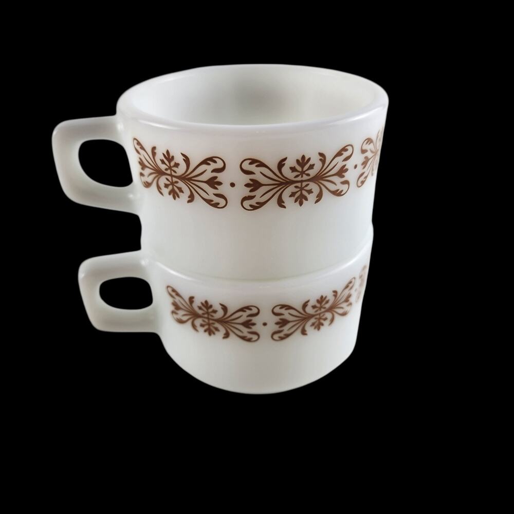 Vintage Pyrex Tableware Milk Glass Copper Filigree Mug Coffee Mugs Set~2